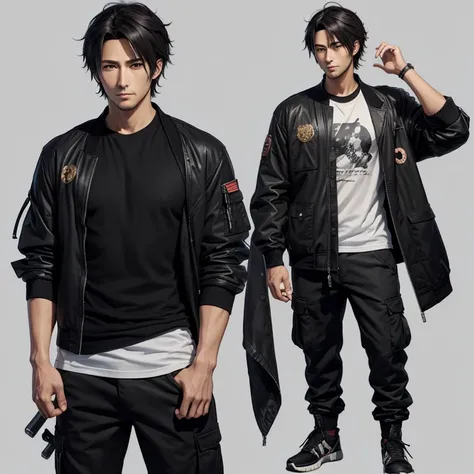 ((Anime)) ((semirealism))
An original character in semi realism art style. He is 35 years old, has slight stubble, has medium messy hair with the left side slicking back, Japanese, naturally handsome, black t shirt covered in an air force inspired jacket, ...