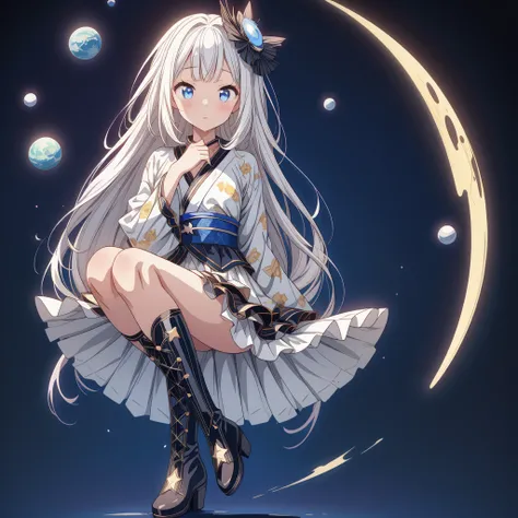 Star Fairy、(masterpiece, best quality), 1girl, sitting on the crescent moon、「A beautifully printed galaxy patterned kimono and gothic lolita outfit.、Space pattern box pleated mini skirt with ruffles、Front view portrait、Knee-high boots、Captivating eyes、Perf...