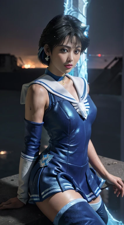 Unreal Engine:1.4,Ultra-high resolution,Best Quality:1.4, Realistic:1.4, Skin Texture:1.4, masterpiece:1.8, (Sailor Mercury:1.4), blue eyes, uniform, 両handを水平に広げる、Christ Pose、Large Breasts, tiara, Sailor Warrior Uniforms, (RAW Photos, Best Quality), master...