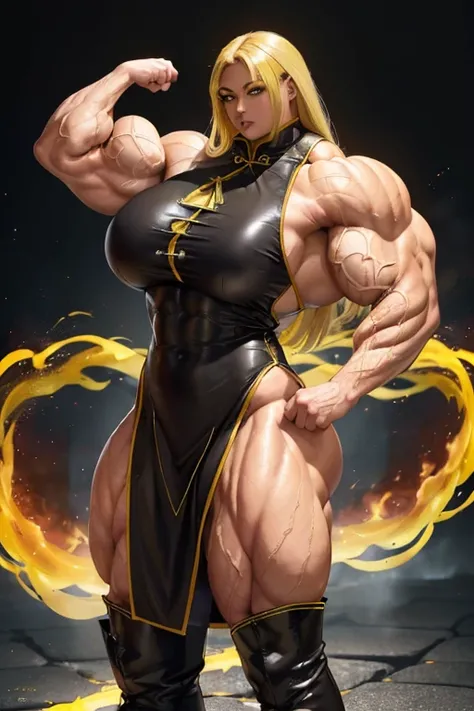 ((((Massive, beautiful, buff, light brown skinned, muscular woman with yellow hair, black lipstick, glowing gray eyes, ginormous bulky muscles, and wearing a beautiful long black leather cheongsam dress)))), close view, massive muscles, massive biceps, hyp...