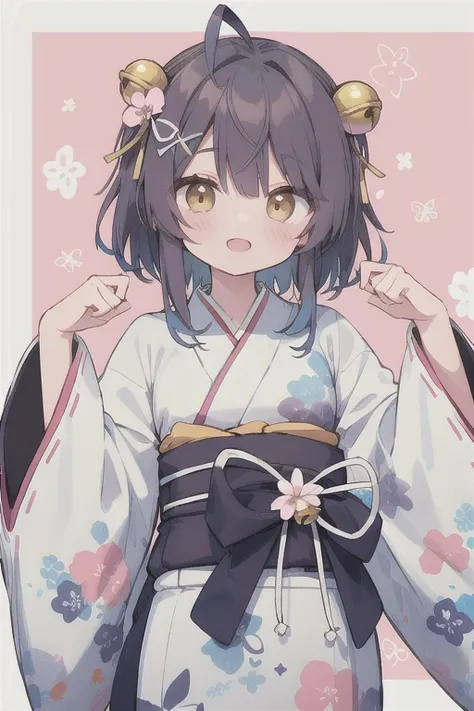 masterpiece, highest quality, High resolution, Chubby, short hair, Ahoge, Double good, Hair Ribbon, Hair Bow, Hair Flowers, Hair Bell, x Hair accessories, Floral print, kimono, Ruffled Kimono, Wide sleeves, Sleeves are longer than the wrist, Open your mout...