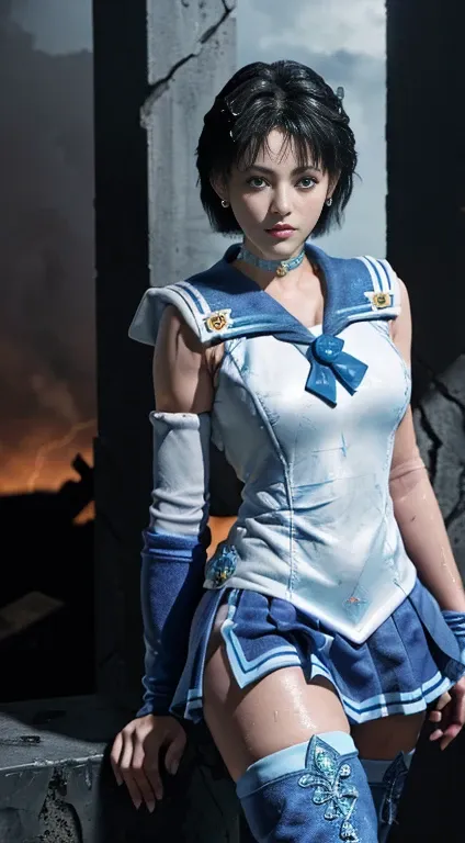 Unreal Engine:1.4,Ultra-high resolution,Best Quality:1.4, Realistic:1.4, Skin Texture:1.4, masterpiece:1.8, (Sailor Mercury:1.4), blue eyes, uniform, 両handを水平に広げる、Christ Pose、Large Breasts, tiara, Sailor Warrior Uniforms, (RAW Photos, Best Quality), master...