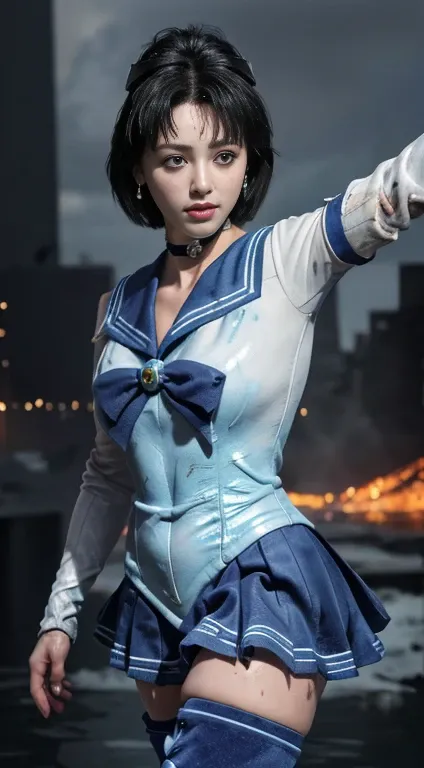 Unreal Engine:1.4,Ultra-high resolution,Best Quality:1.4, Realistic:1.4, Skin Texture:1.4, masterpiece:1.8, (Sailor Mercury:1.4), blue eyes, uniform, 両handを水平に広げる、Christ Pose、Large Breasts, tiara, Sailor Warrior Uniforms, (RAW Photos, Best Quality), master...