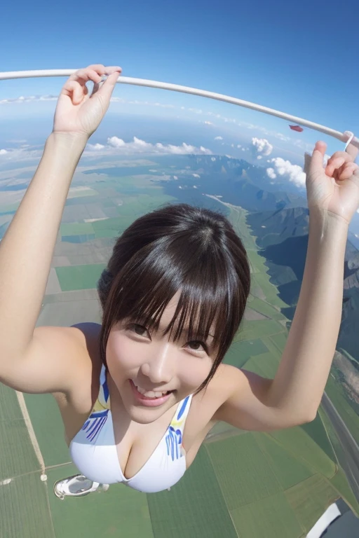 A cute, beautiful, voluptuous Japanese woman in her late 20s with a boyish hairstyle, skydiving at 4000 meters above the ground.、They are having so much fun that they are spreading their arms and legs out in excitement.、She looks great in a micro bikini