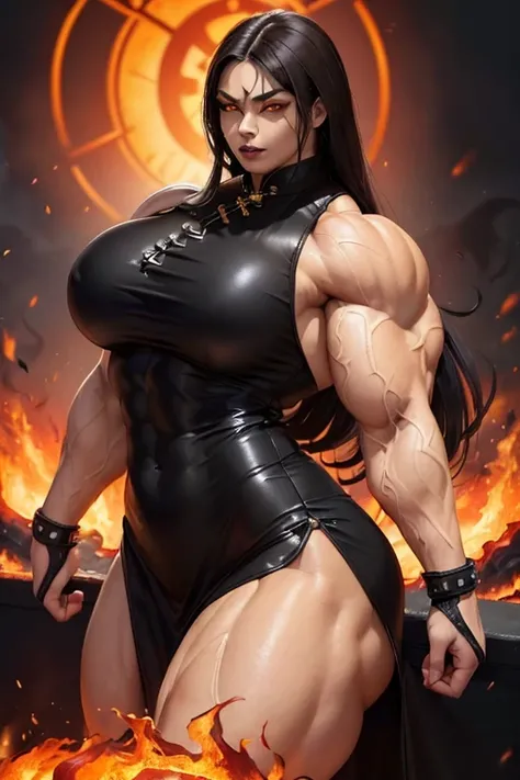 ((((Massive, beautiful, buff, light brown skinned, muscular woman with black hair, black lipstick, glowing orange eyes, ginormous bulky muscles, and wearing a beautiful long black leather cheongsam dress)))), close view, massive muscles, massive biceps, hy...