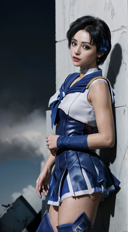 Unreal Engine:1.4,Ultra-high resolution,Best Quality:1.4, Realistic:1.4, Skin Texture:1.4, masterpiece:1.8, (Sailor Mercury:1.4), blue eyes, uniform, 両handを水平に広げる、Christ Pose、Large Breasts, tiara, Sailor Warrior Uniforms, (RAW Photos, Best Quality), master...