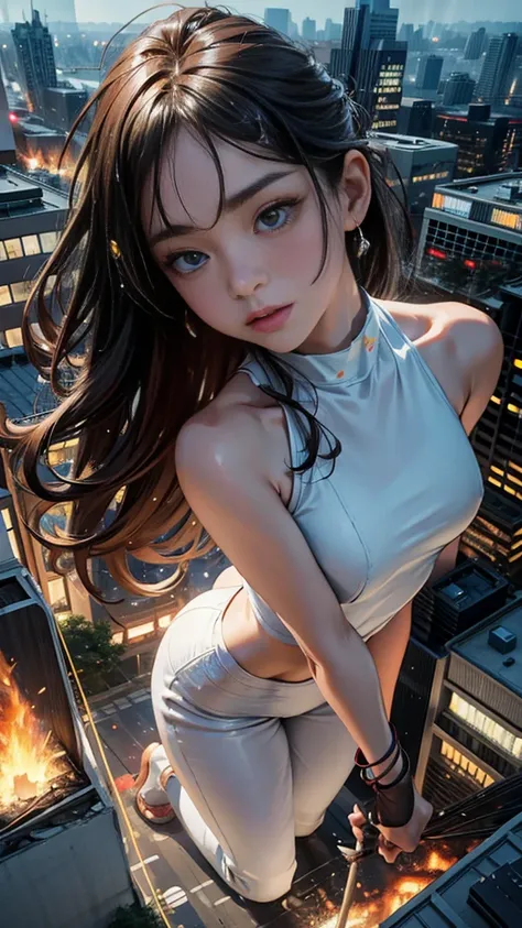 (Realistic:1.0, 16k, High resolution, highest quality, masterpiece, 超High resolution), (((Giantess Elements, Typhoon heavy rain))), From above, Perfect dynamic composition:1.2, (Modern city at night, Expressions of sadness:0.5), Highly detailed skin and fa...