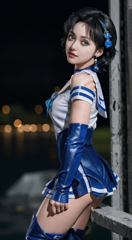 Unreal Engine:1.4,Ultra-high resolution,Best Quality:1.4, Realistic:1.4, Skin Texture:1.4, masterpiece:1.8, (Sailor Mercury:1.4), blue eyes, uniform, Tied up、両handを水平に広げる、Christ Pose、Large Breasts, tiara, Sailor Warrior Uniforms, (RAW Photos, Best Quality)...