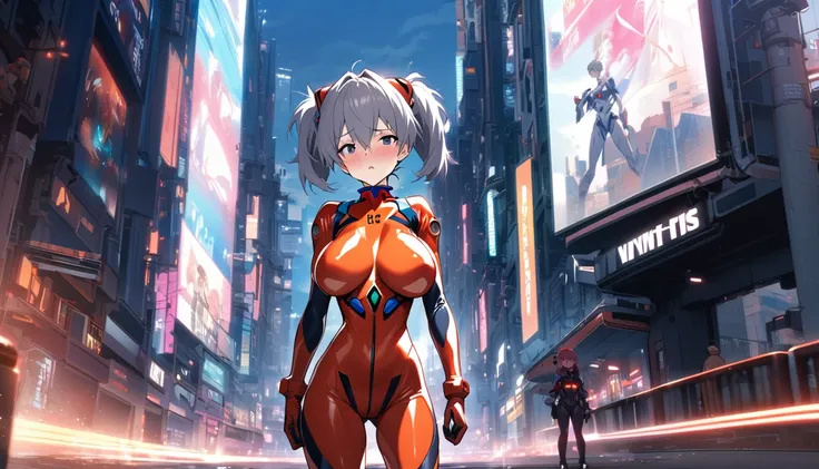 Evangelion plug-in suit male focus Nagisa Kaworu pilot suit big breasts breast enhancement blushing and standing alone in the sci-fi city full-body shot