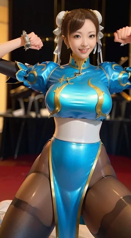 Chun- li，。.3D，Fighting posture，tightsuit，Soft lighting，Shiny uniform,latex suits, Transparent,　wearing patent boots,　In a sexy pose,