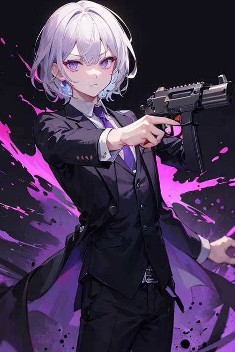 Grey Hair　Purple eyes　In a suit　One Boy　Guns in both hands　Serious expression　In a dark city　Blood splatter　Clothing black and purple image　Looking at me　One Boy