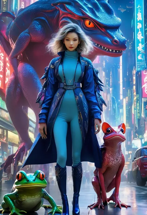 (best quality,4k,highres),(realistic,photorealistic:1.37),(Yoshitaka Amano style:1.1),SFW,(safe for work), A caucasian woman and her guardian familiar, mystical creature,otherworldly creature, kaiju-like,enchanting companions,wearing stylish futuristic clo...