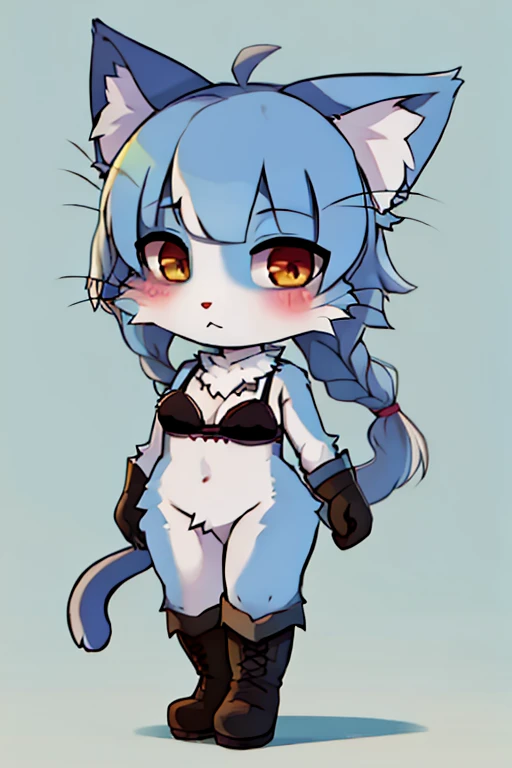 boy, cat, furry, bodyfur, bra, bottomless, gloves, boots, chibi