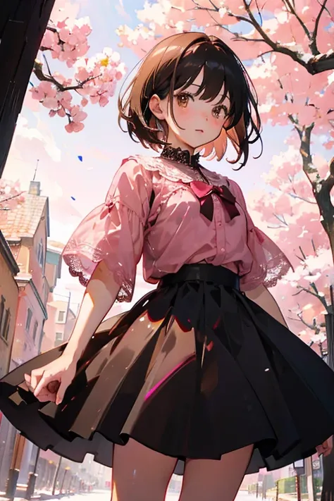 Dark brown short hair、Brown eyes、pink lace clothes、Black Skirt