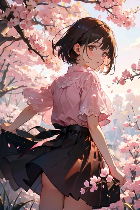 Dark brown short hair、Brown eyes、pink lace clothes、Black Skirt