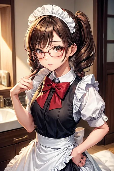 1 chica anime, maid, glasses, brown hair, sensual, joven, 16 years, bonita. Anime style