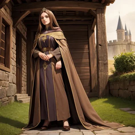 Medieval queen, long brown hair, light eyes, dressed in medieval clothes with an open cloak enjoying the landscape of the kingdom Full body