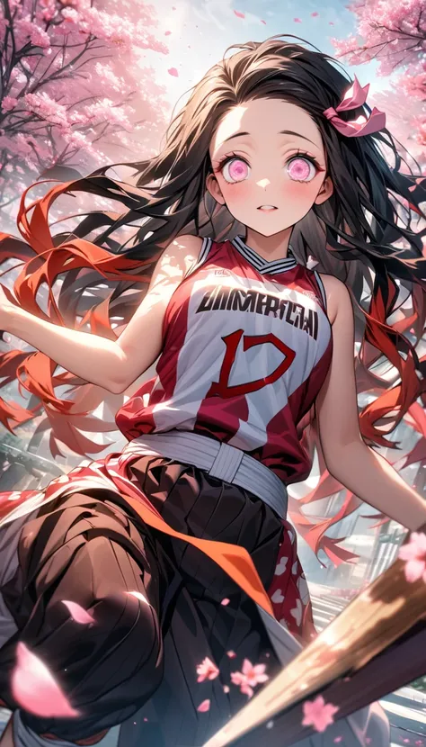 absurdres, highres, ultra detailed, HDR, masterpiece, extremely detailed face and eyes, Kamado Nezuko, expressive pink eyes, Kimetsu No Yaiba, solo, woman, extremely beautiful, basketball uniform, spring, blossoms, petals