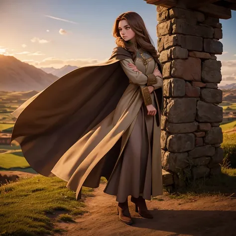 Medieval queen, long brown hair, light eyes, dressed in medieval clothes with an open cloak enjoying the landscape of the kingdom Full body