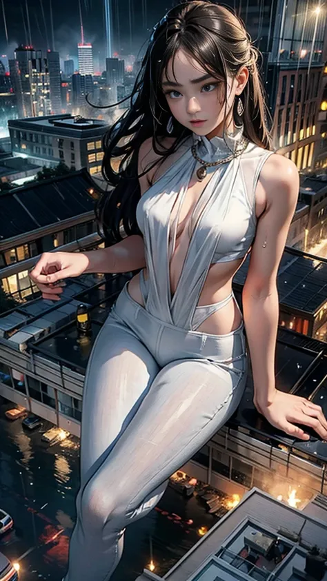 (32k, High resolution, highest quality, masterpiece, 超High resolution), (((Giantess Elements, Typhoon heavy rain))), From above, Perfect dynamic composition:1.2, (Modern city at night, Expressions of sadness:0.5), Highly detailed skin and facial textures:1...