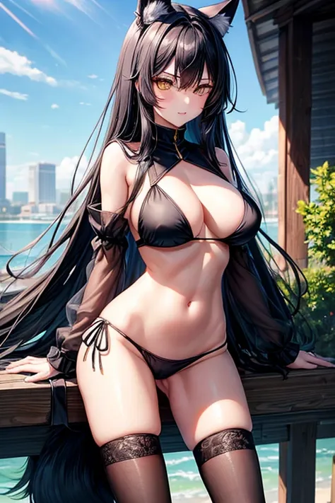 hot girl, beautiful long black hair, bright yellow eyes, sexy black bikini, big but medium breasts, no panties and long black transparent socks, wolf ears, breasts visible