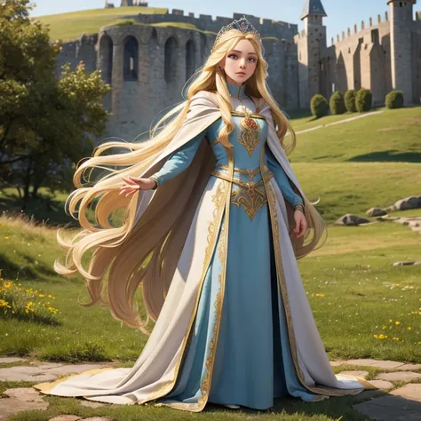 Medieval beautiful princess , long blonde hair, light eyes, dressed in medieval clothes with an open cloak enjoying the landscape of the kingdom Full body