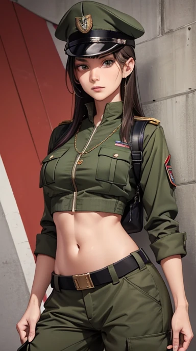 
Women in crop top soldier uniform, soldier hat, medal on the chest,  exposed abdomen area, very low waist cargo pants, navel piercing , 45 years-old, high ranking , standing, 