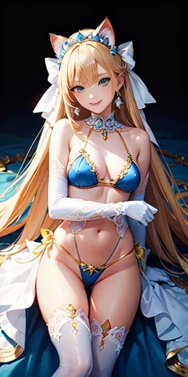 masterpiece, highest quality, High resolution, 1 girl,Blonde, Magical girl, blue eyes, Lemon-colored tiny bikini, Elbow-length gloves, tiara, Hair Bow, choker, White gloves, Very long hair, jewelry, Earrings, ((Cat stance)),Buckshot, ((Intricate details)),...