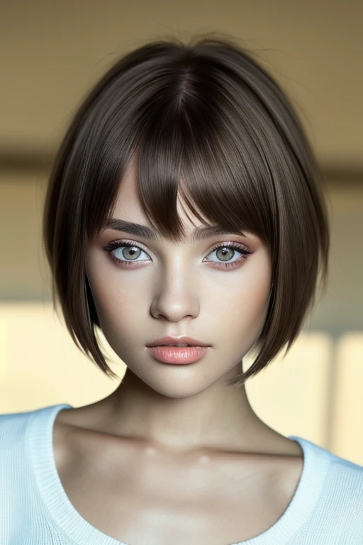 ViktoriaTishko, focus on eyes, close up on face, Clay color hair styled layered bob with bangs hair