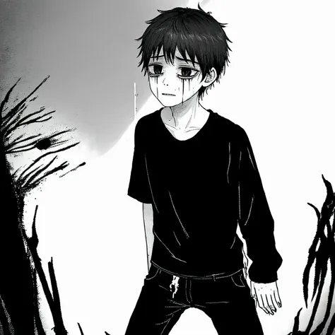 a boy crying with blood on his hands in a black shirt and pants