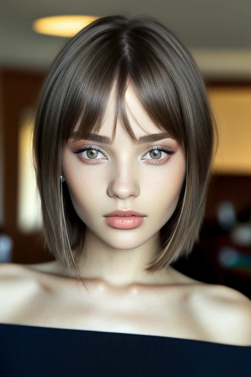 ViktoriaTishko, focus on eyes, close up on face, Clay color hair styled layered bob with bangs hair