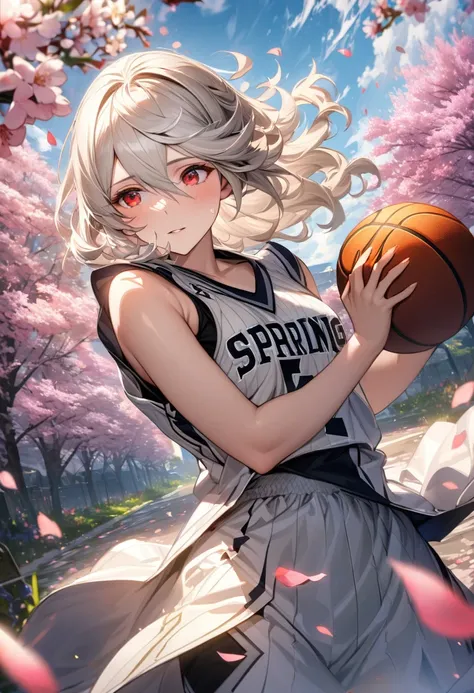 absurdres, highres, ultra detailed, HDR, masterpiece, extremely detailed face and eyes, Corrin, white hair, expressive red eyes, Fire Emblem Fates, solo, woman, extremely beautiful, basketball uniform, spring, blossoms, petals