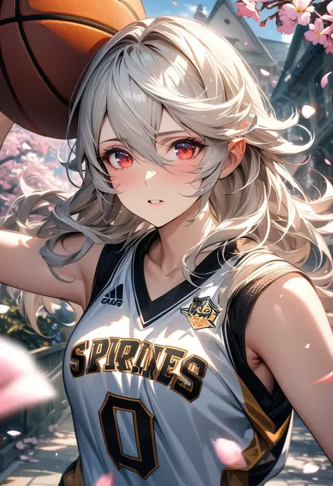 absurdres, highres, ultra detailed, HDR, masterpiece, extremely detailed face and eyes, Corrin, white hair, expressive red eyes, Fire Emblem Fates, solo, woman, extremely beautiful, basketball uniform, spring, blossoms, petals