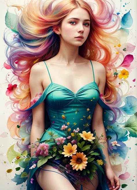 High quality, masutepiece, watercolor paiting, Cleaning technology, Colorful, Paint dripping and scattered, Paintings like Agnes Cecil, Blurry, Pale touch, Dirty outlines, Like in a fairy tale, Beautiful woman made of flower coloring, Feminine expression u...