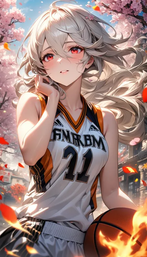 absurdres, highres, ultra detailed, HDR, masterpiece, extremely detailed face and eyes, Corrin, white hair, expressive red eyes, Fire Emblem Fates, solo, woman, extremely beautiful, basketball uniform, spring, blossoms, petals