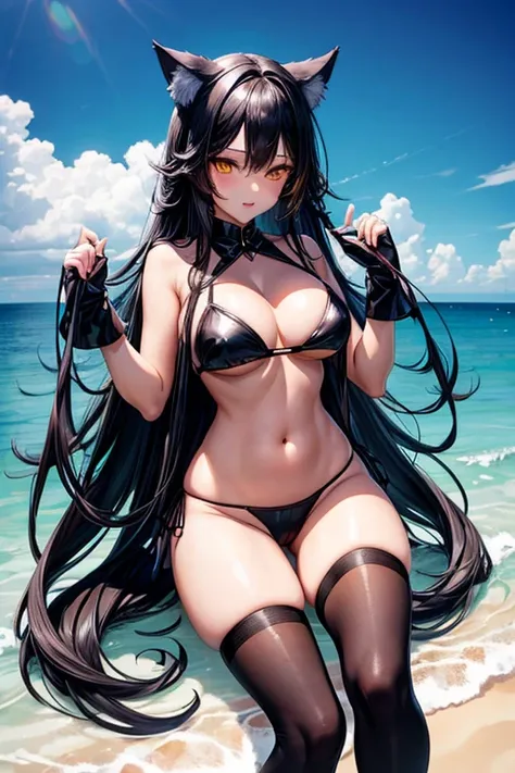 hot girl, beautiful long black hair, bright yellow eyes, sexy black bikini, big but medium breasts, no panties and long black transparent socks, wolf ears,