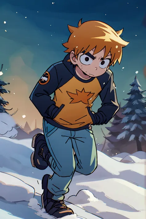 Scott Pilgrim Takes Off a boy Scott Pilgrim orange hair shirt x men logo jacket big eyes Canada a man standing in the snow 
