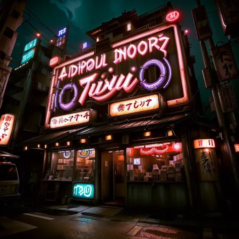 夜の街にひっそりとある日本のアダルトshopの明るく照らされた看板, japanese neon signs, shady night realism, some have neon signs, intense neon lights, harsh ne...