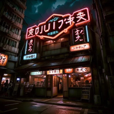 夜の街にひっそりとある日本のアダルトshopの明るく照らされた看板, japanese neon signs, shady night realism, some have neon signs, intense neon lights, harsh ne...