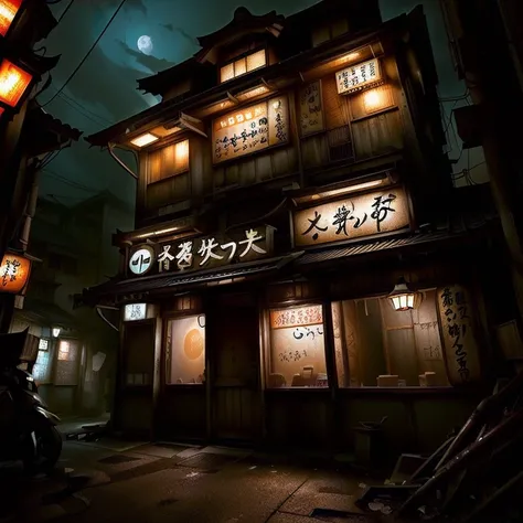 夜の場末の身や街にひっそりとある日本のアダルトshopの明るく照らされた看板, old japanese shabby shop, shady night realism, some have signboards, shadyness, spooky n...