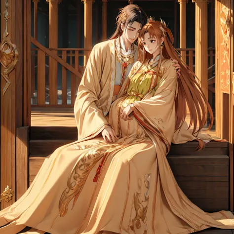 ((highest quality)), ((masterpiece)), (detailed), perfect face、yuuki asuna、brown hair、hanfu、((holding a baby with a man))、((brea...