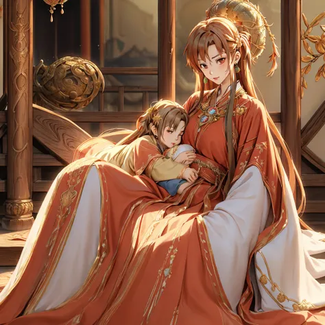 ((highest quality)), ((masterpiece)), (detailed), perfect face、yuuki asuna、brown hair、hanfu、((holding a baby with a man))、((brea...