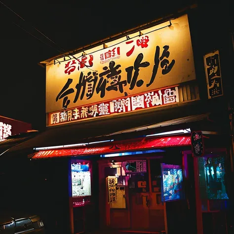 夜の場末の身や街にひっそりとある日本のアダルトshopの明るく照らされた看板, an old japanese one-story rundown store, shady night realism, some have signboards, shad...