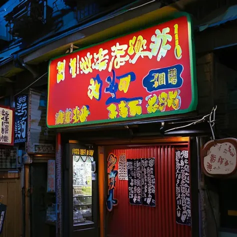 夜の場末の身や街にひっそりとある日本のアダルトshopの明るく照らされた看板, an old japanese one-story rundown store, shady night realism, some have signboards, shad...