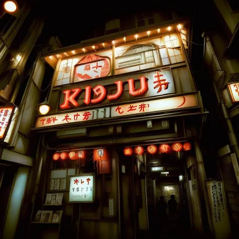 夜の場末飲み屋街にひっそりとある日本のアダルトshopの明るく照らされた看板, An old Japanese one-story rundown store, Shady Night Realism, Some have signboards, Shadyness, Spooky Nighttime,  tokyo, inspired by Shunbaisai Hokuei, A photo of a Japanese back alley in the 1970s, Akihabara Cafe in...