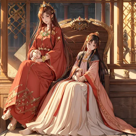 ((highest quality)), ((masterpiece)), (detailed), perfect face、yuuki asuna、brown hair、hanfu、((holding a baby with a man))、((brea...