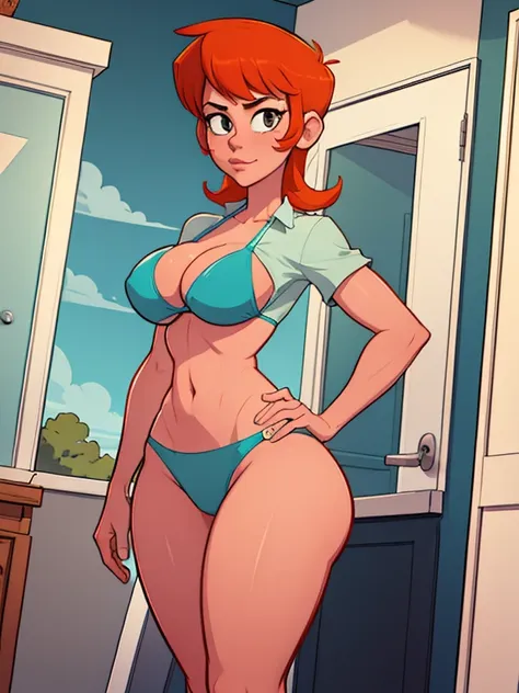 dexter's mom, tight bikini, sexy build, standing at attention, standing up straight, looking at viewer