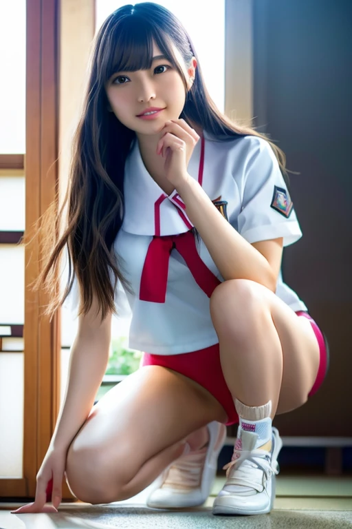 highest quality, masterpiece, Ultra-high resolution, (Realistic:1.4), RAW Photos, Full Body Shot, Front view, From below, One girl, The most famous Japanese idols, (Squatting on the stairs), ((Wearing a Japanese high school uniform)), (Very cute face like ...