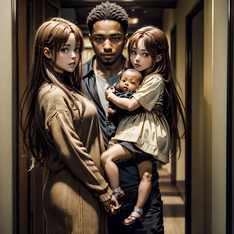 ((highest quality)), ((masterpiece)), perfect face、((yuuki asuna))、brown hair、((a woman holds a black baby))、black man and woman...