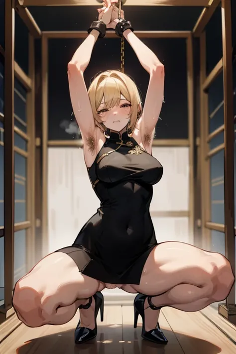 woman，Blonde、short hair、既婚woman、Large Breasts、L Cup Breast、刑務所に排尿するwoman、incontinence、Black tight dress、China dress、Squat Pose、Spread your legs、Electric shock、Sweat、High heels、bondage、inhibition、Chained hands、In the cage、Armpits、Armpitsの毛、Hairy armpits